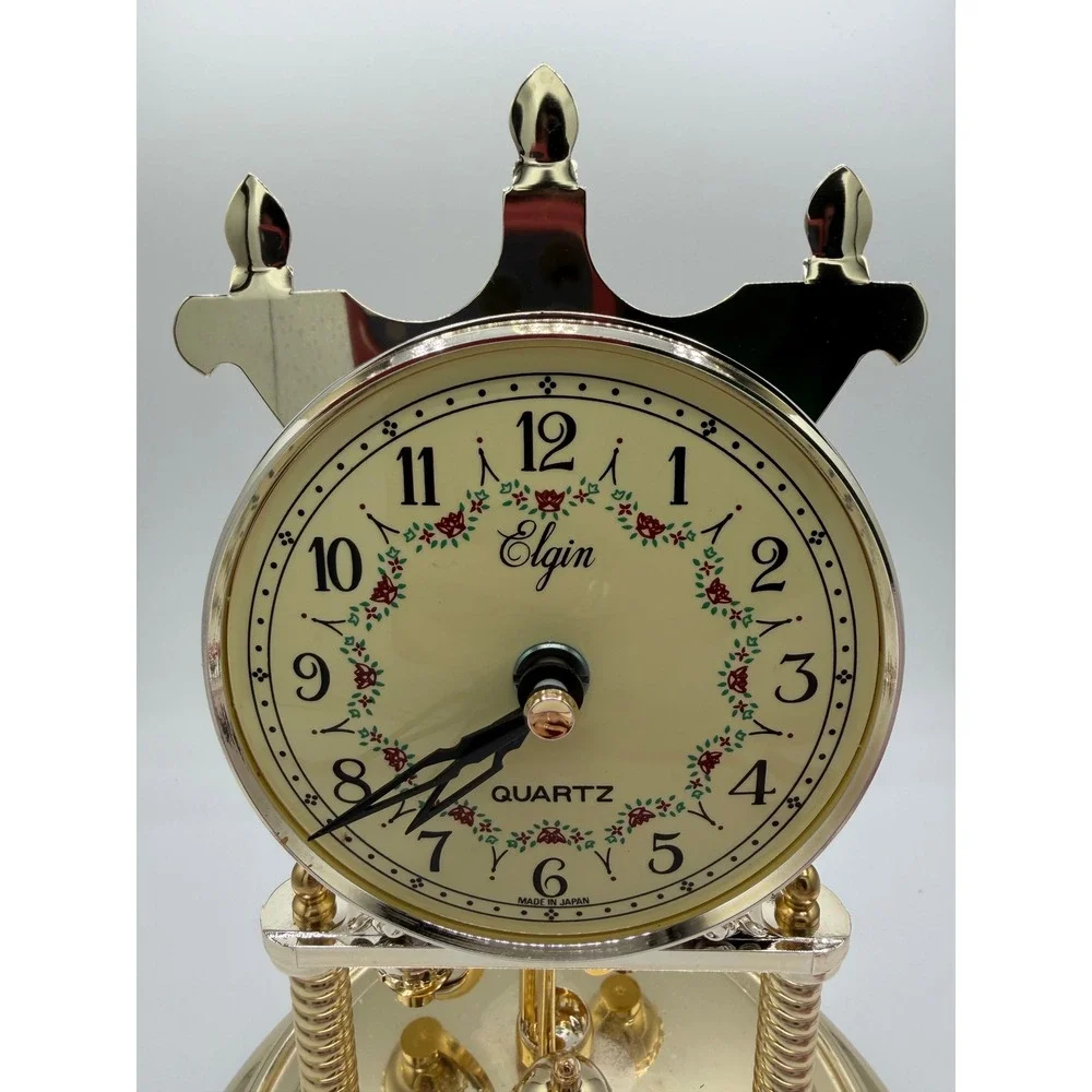 Vintage Elgin Quartz Anniversary Clock Glass Dome Floral Rose Face Made in Japan